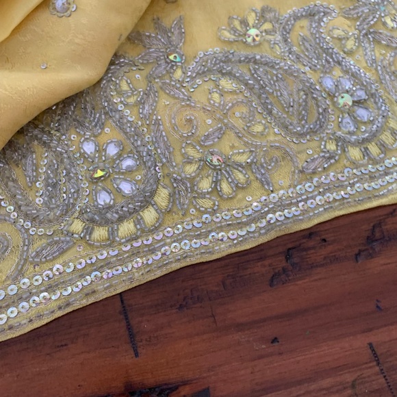 Pure Chinnon Chiffon yellow Punjabi Outfit with Heavy Embroidered Dupatta - Picture 5 of 10